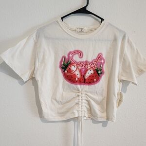 Stardaze White "Sweet" Strawberry Drawstring Crop Top